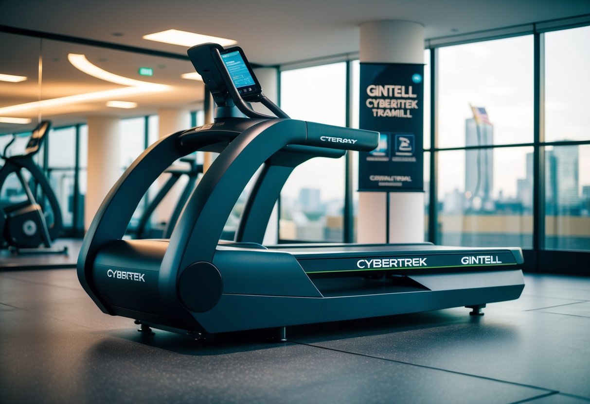 A sleek Gintell CyberTREK Treadmill in a modern gym setting with promotional signage displayed nearby