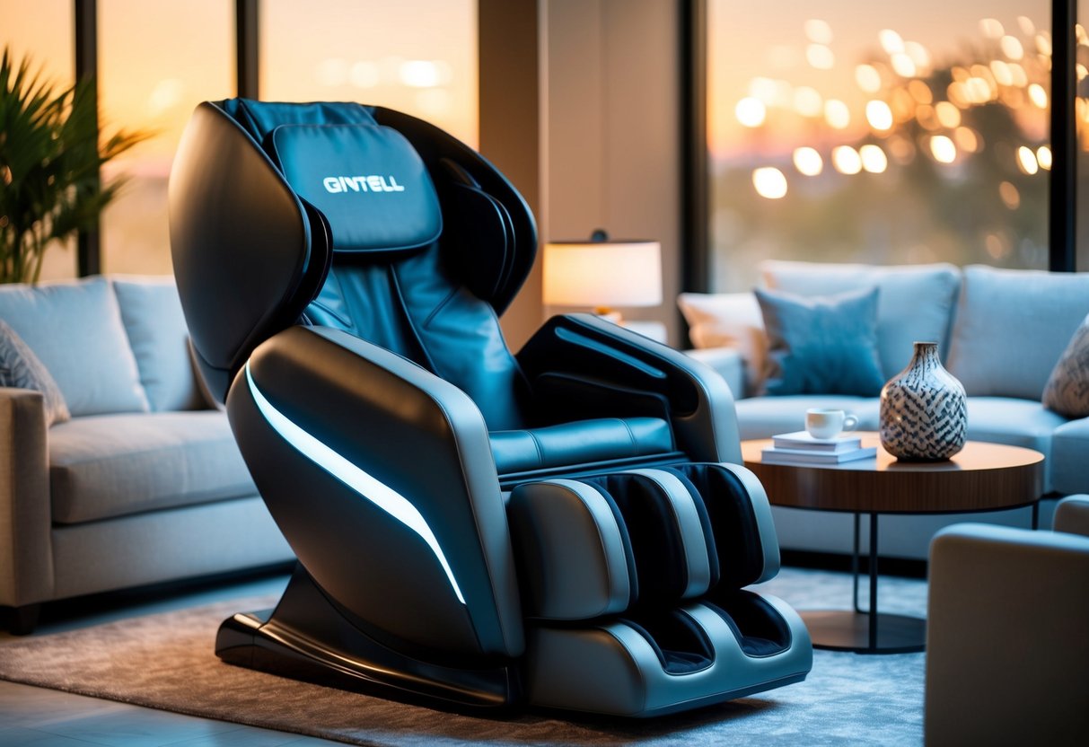 A sleek, modern massage chair surrounded by a luxurious and comfortable setting, with the Gintell logo prominently displayed