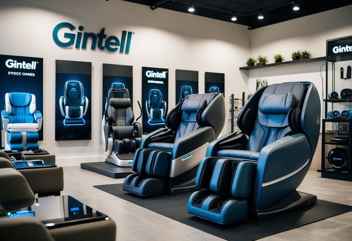 A showroom displaying Gintell's product range, featuring massage chairs, fitness equipment, and wellness accessories