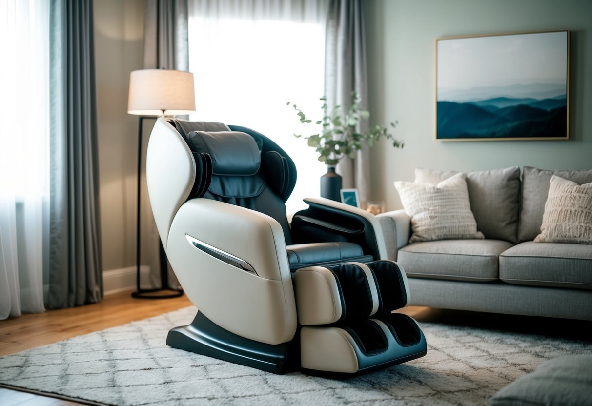 A cozy living room with a Gintell massage chair, soft lighting, and a relaxed atmosphere