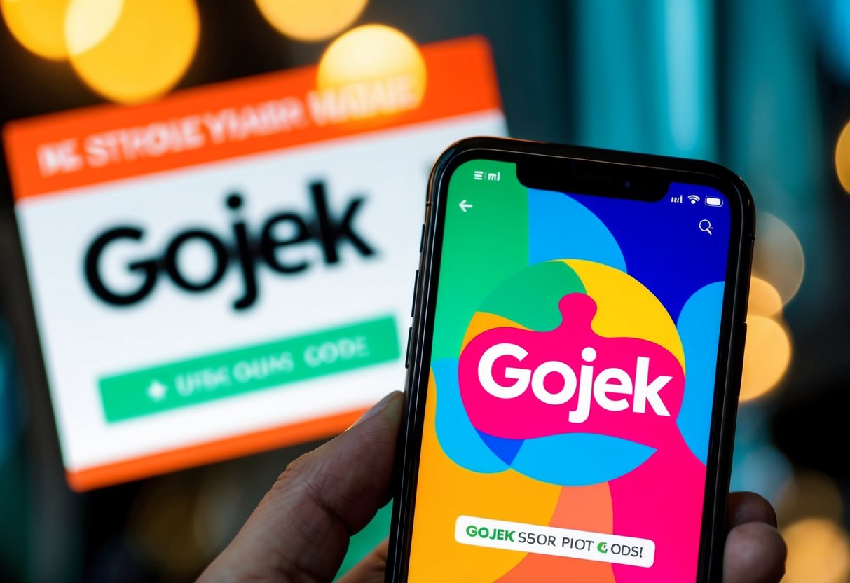 A colorful Gojek logo displayed on a smartphone screen with a promotional banner and a discount code