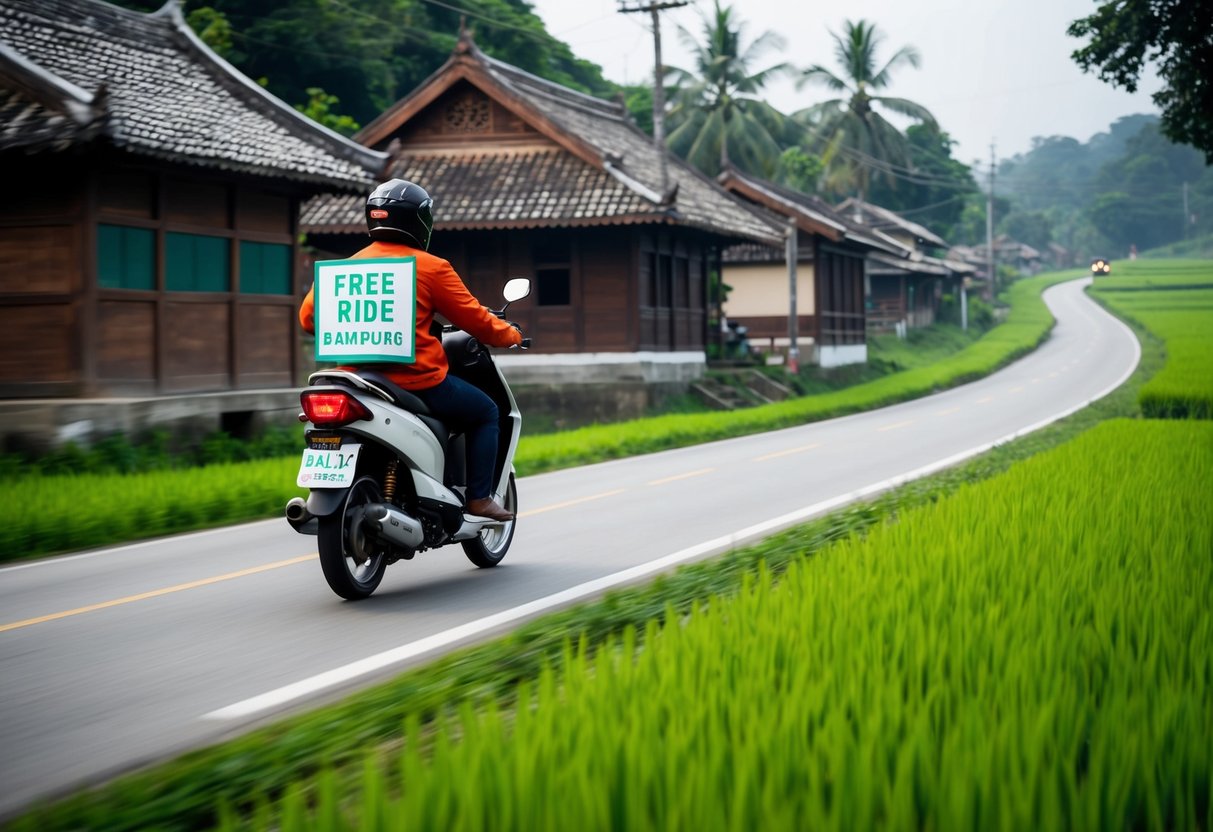 A motorbike zips through a lush countryside, passing by traditional wooden houses and green rice fields, with a "Free Ride Balik Kampung" Gojek promotion banner displayed on the back
