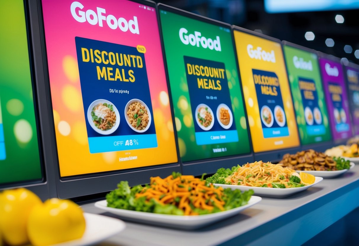 A colorful array of discounted GoFood meals displayed on a digital platform, with vibrant promotional banners and enticing food images