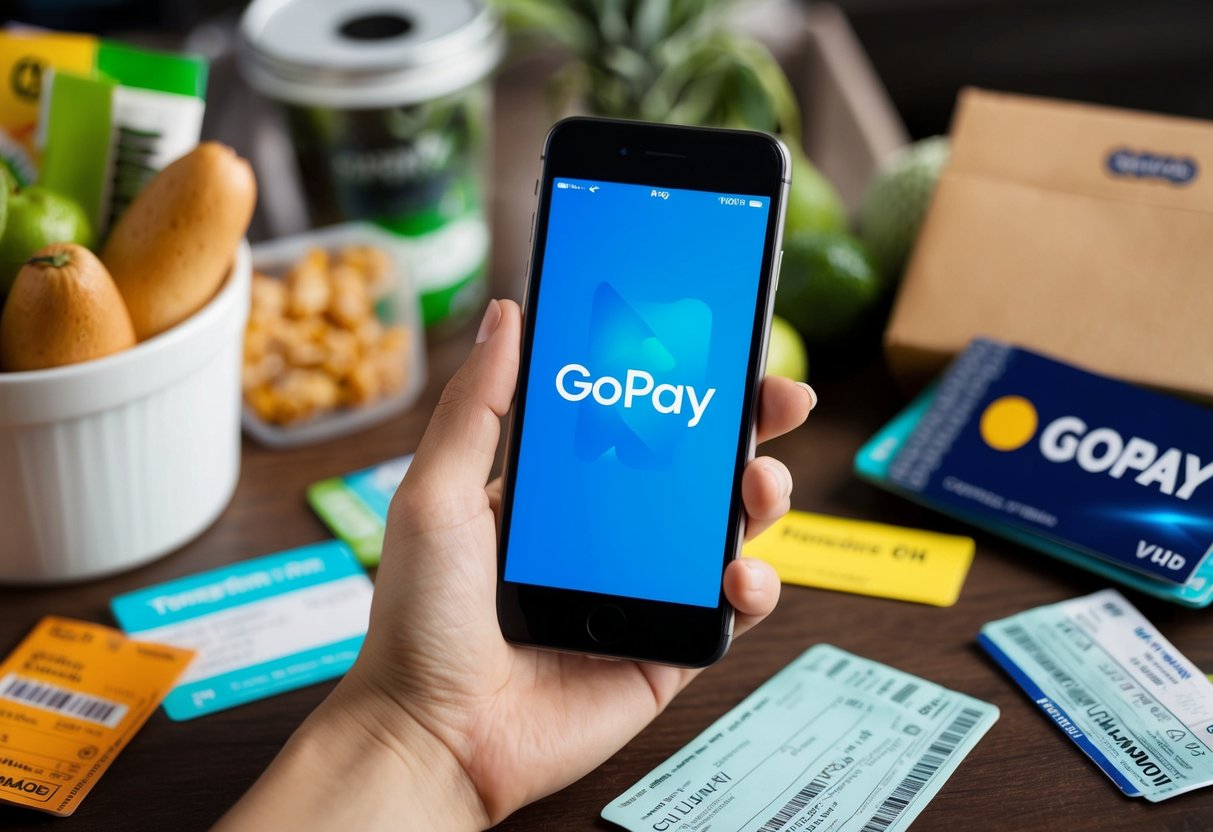A smiling smartphone with a GoPay logo, surrounded by various everyday items like groceries and transportation tickets