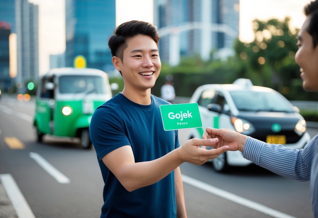A smiling person handing a referral code to a friend with a Gojek ride in the background