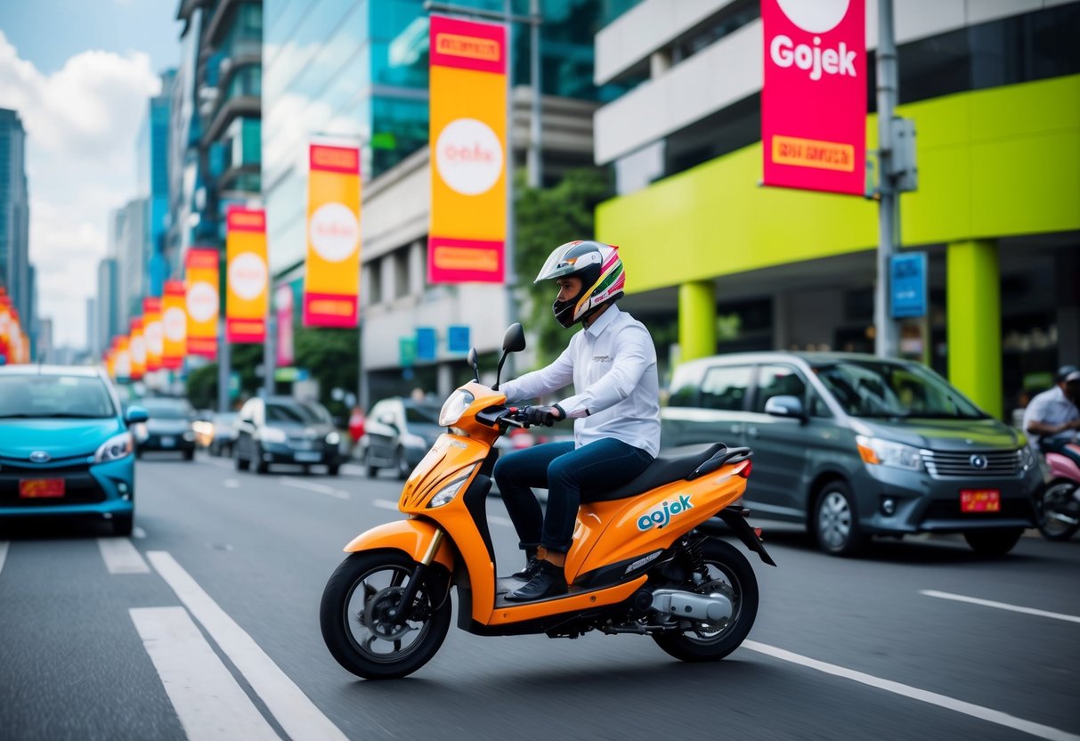 A colorful Gojek motorcycle weaving through city streets, with bright promotional banners displayed on buildings and lampposts