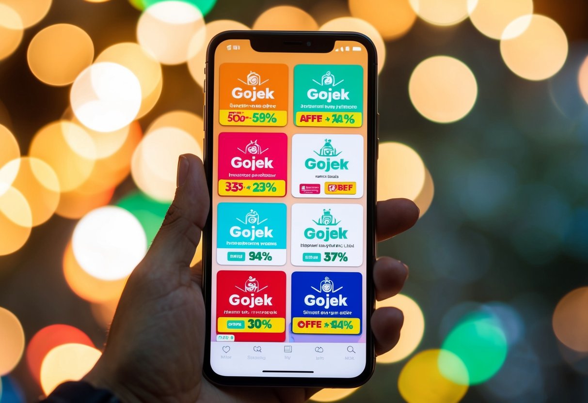 A smartphone displaying various Gojek promotions with colorful icons and discount offers