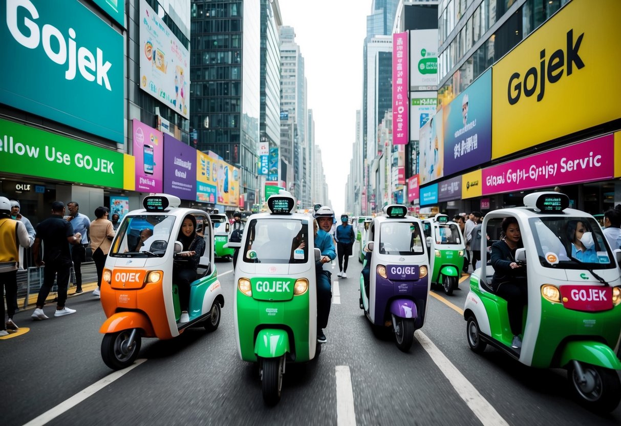 A bustling city street with people using Gojek services, surrounded by colorful promotional banners and signs