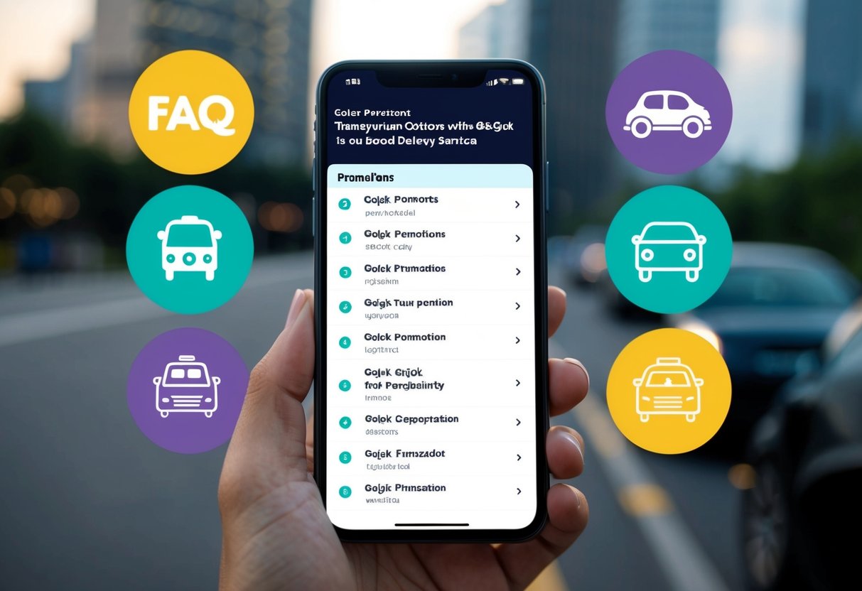 A smartphone displaying a list of Gojek promotions with a FAQ section, surrounded by icons of transportation options and food delivery services