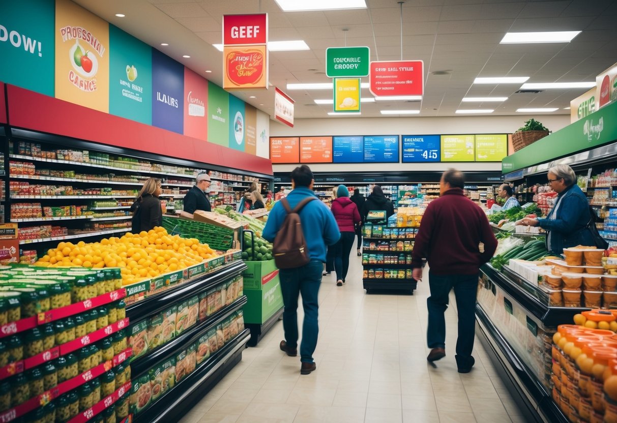 A bustling grocery store with colorful promotional signs, stacked products, and busy shoppers