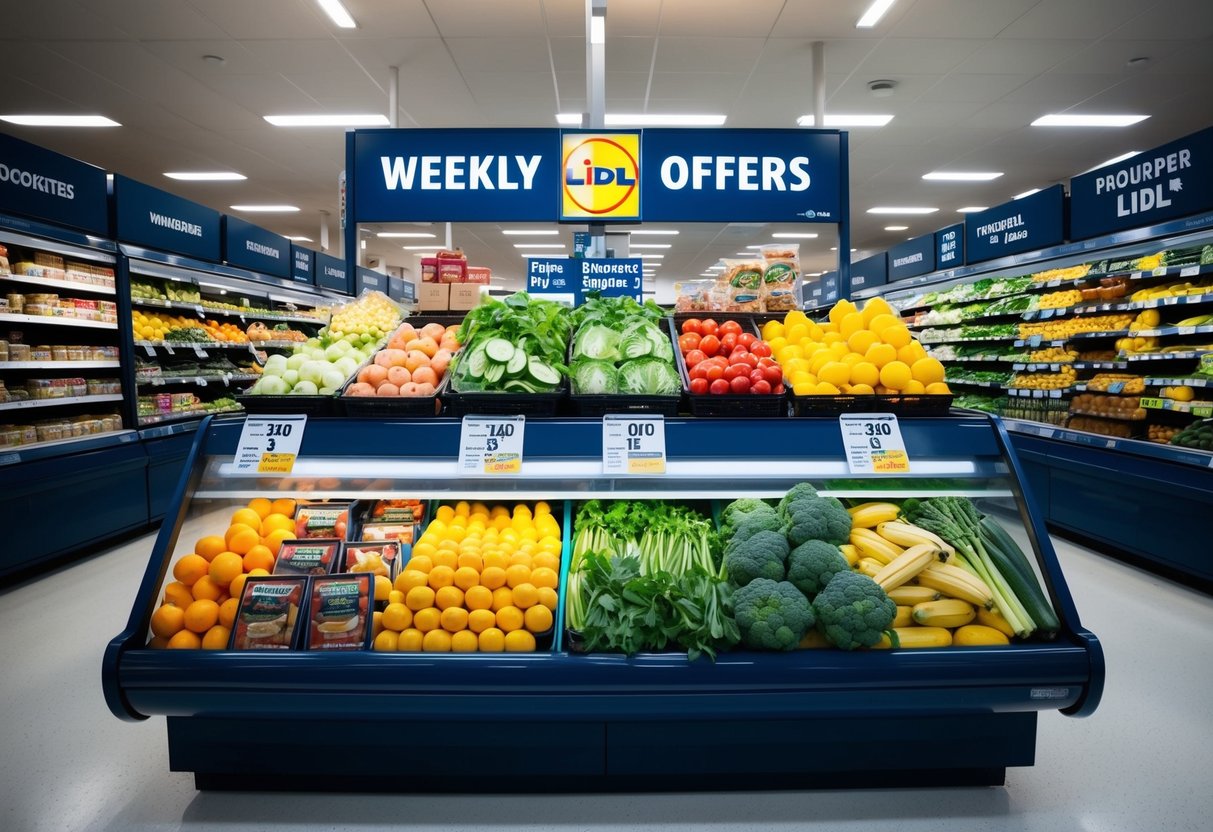 A colorful display of fresh produce, packaged goods, and discounted items at Lidl, with prominent signage for weekly offers