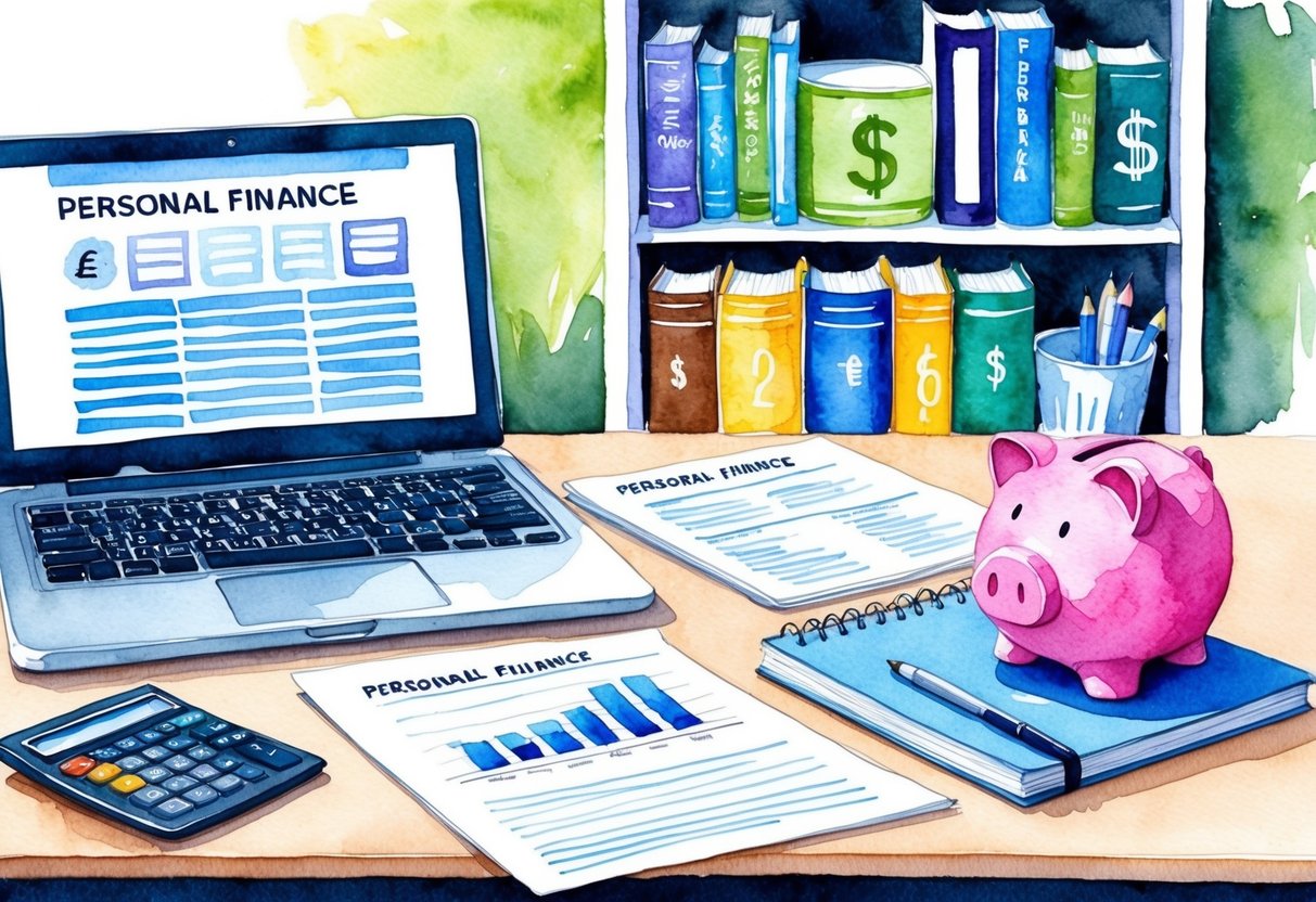 A desk with a laptop, calculator, and financial documents. A bookshelf with personal finance books. A piggy bank and budgeting notebook on the table