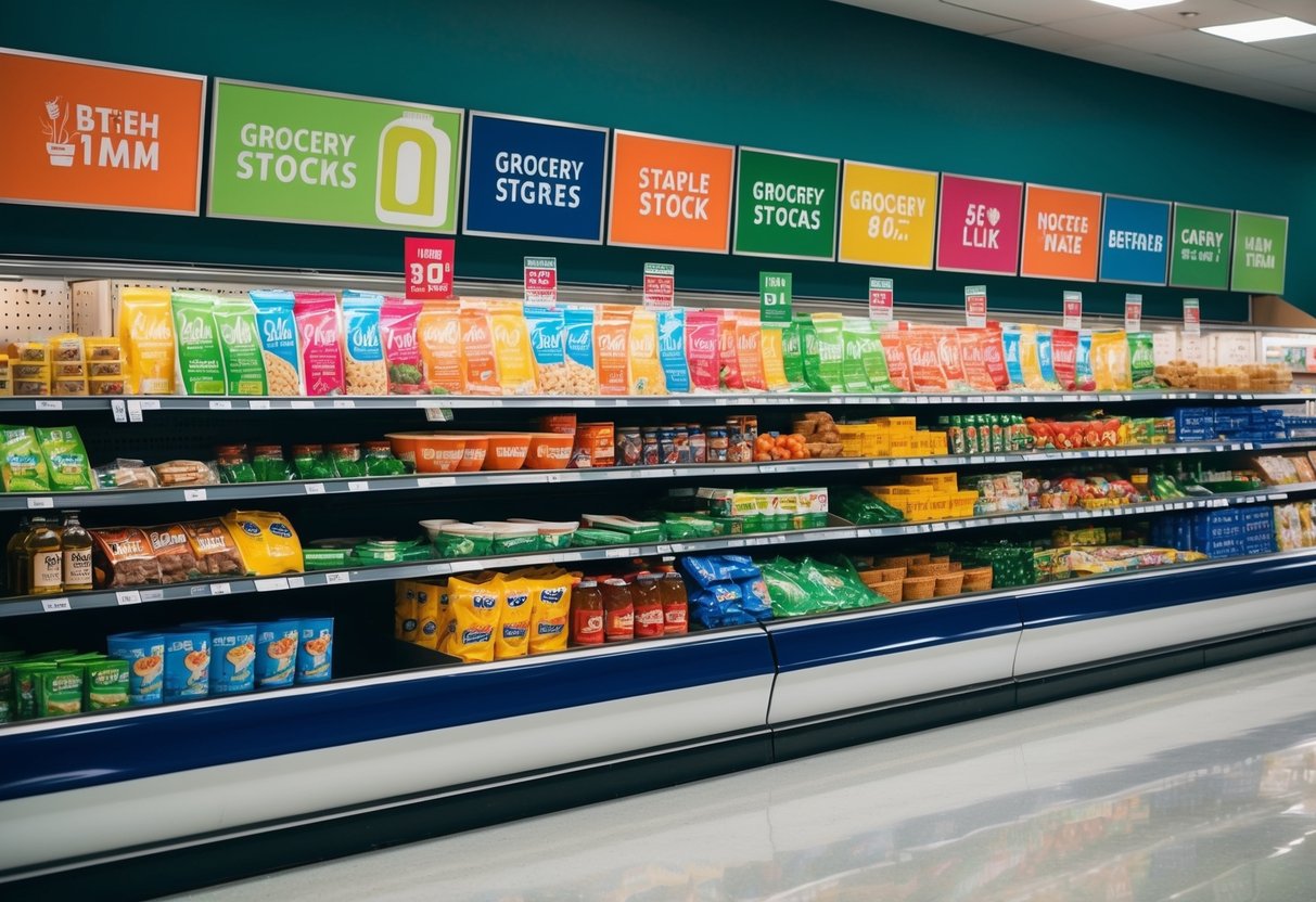 A grocery store display with colorful promotional signs and products arranged neatly on shelves