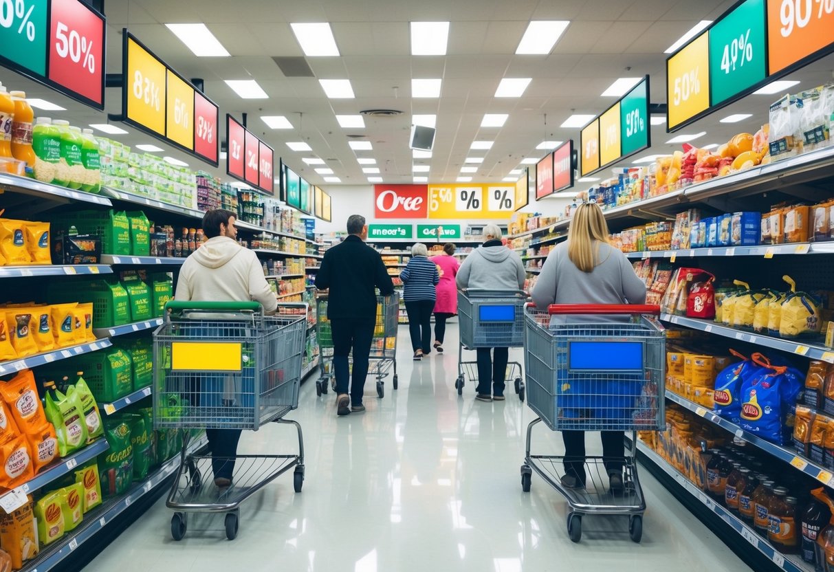 A grocery store aisle filled with shelves of discounted items and colorful promotional signs. Customers with shopping carts browse the deals