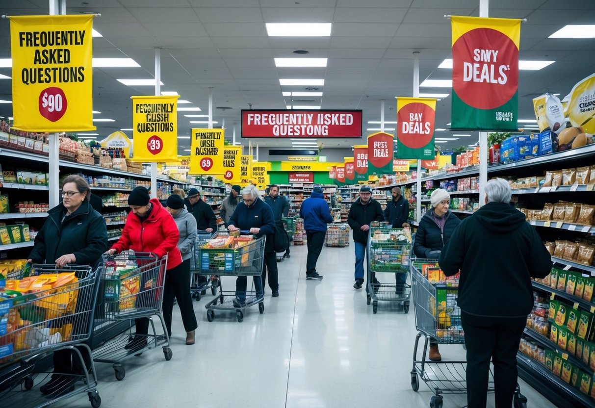 A crowded grocery store with banners and signs promoting "Frequently Asked Questions" deals. Shoppers browsing shelves and carts filled with discounted items