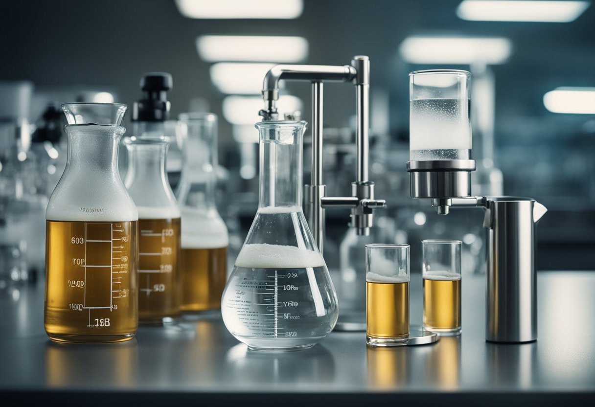 A laboratory with beakers and scientific equipment, a clear liquid bubbling in a glass container, and a poster of Joe Rogan promoting hydrogen water