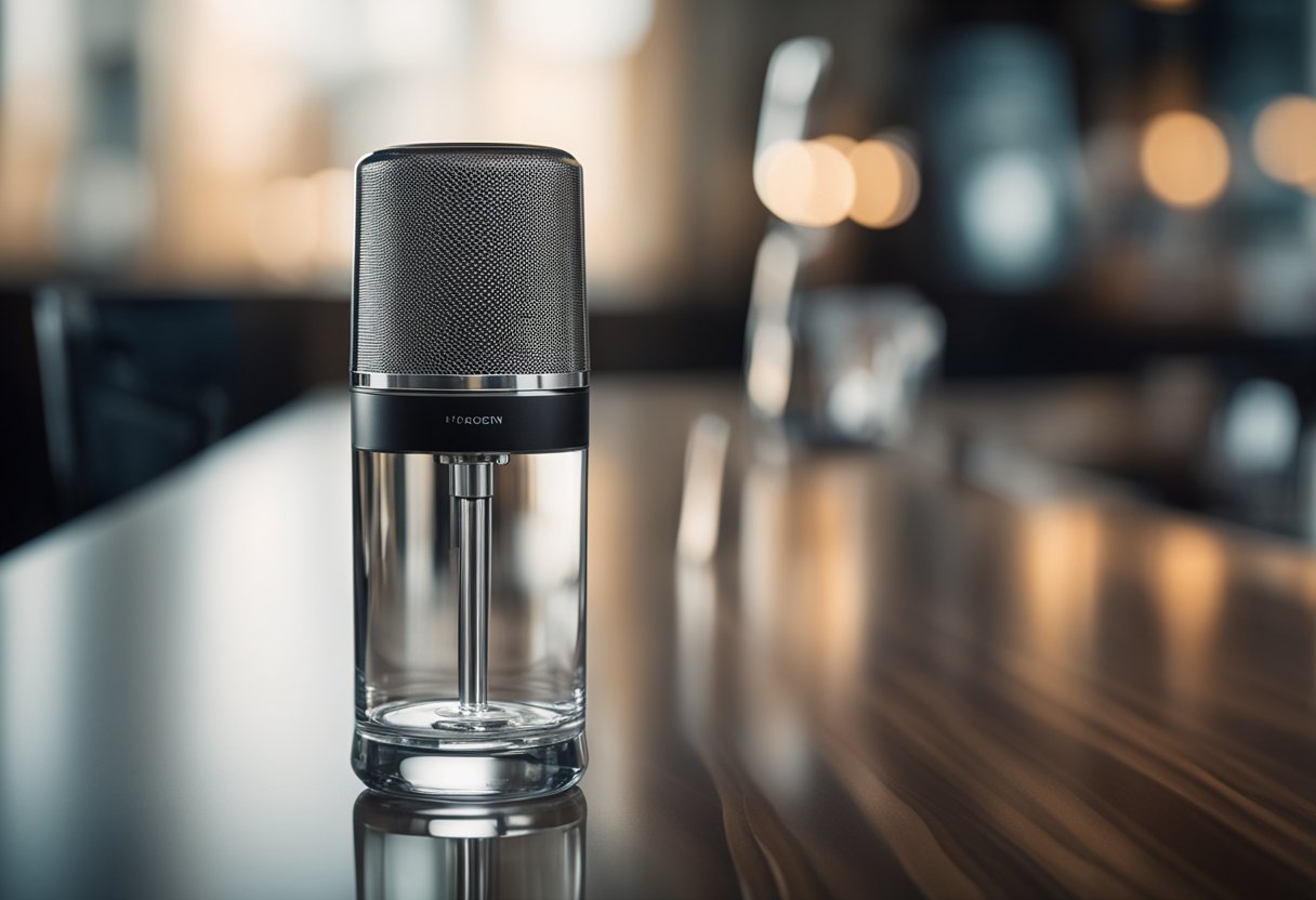 A glass of hydrogen water sits on a table in front of a microphone