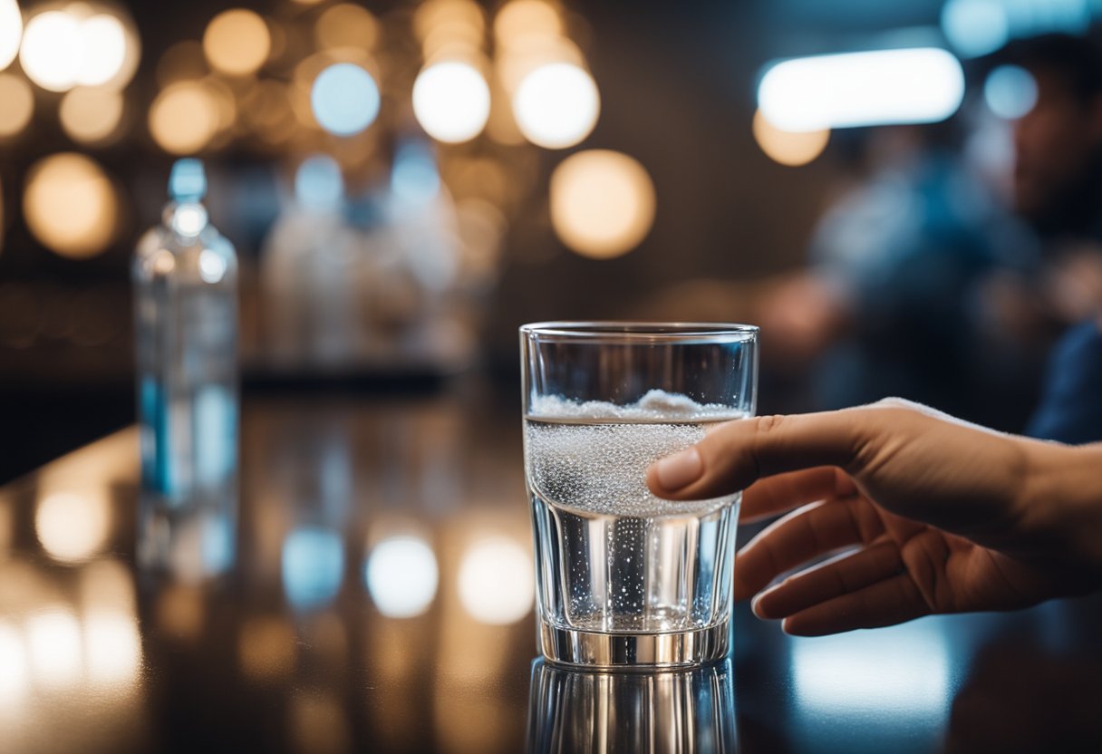 A glass of hydrogen water surrounded by bubbles, with a satisfied customer in the background