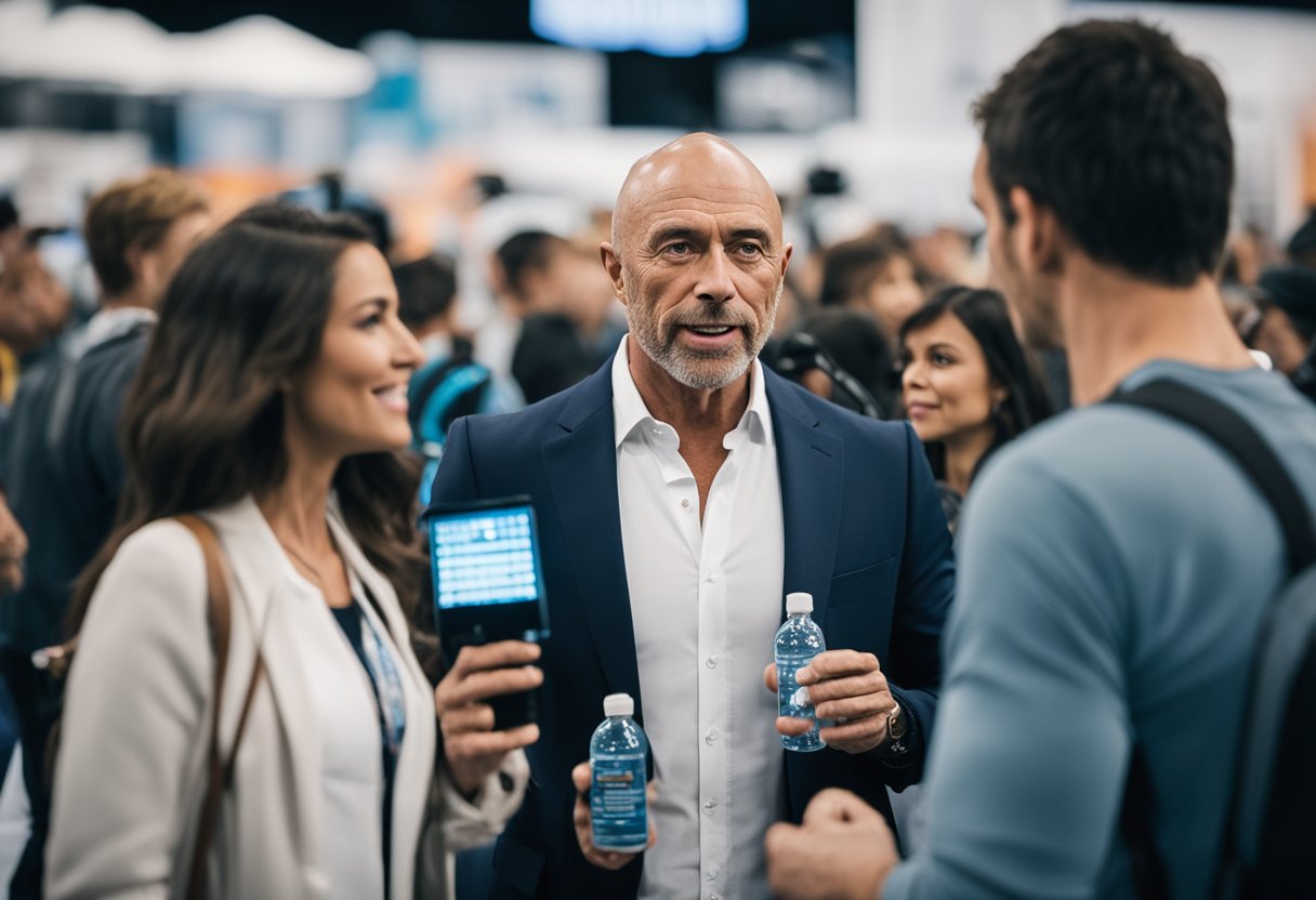 A bustling health expo with Echo Hydrogen Water display, surrounded by intrigued onlookers and a prominent Joe Rogan endorsement