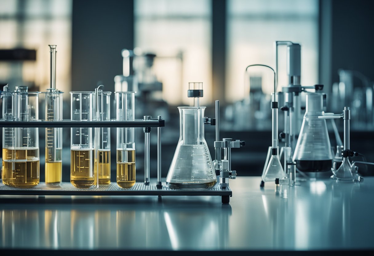 A laboratory setting with scientific equipment and glassware, including beakers and test tubes filled with clear liquid. A hydrogen generator machine is visible in the background