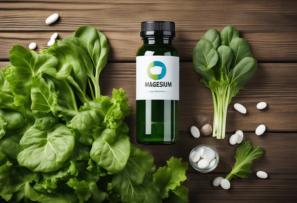 A bottle of magnesium supplements surrounded by fresh green leafy vegetables and a glass of water on a wooden table