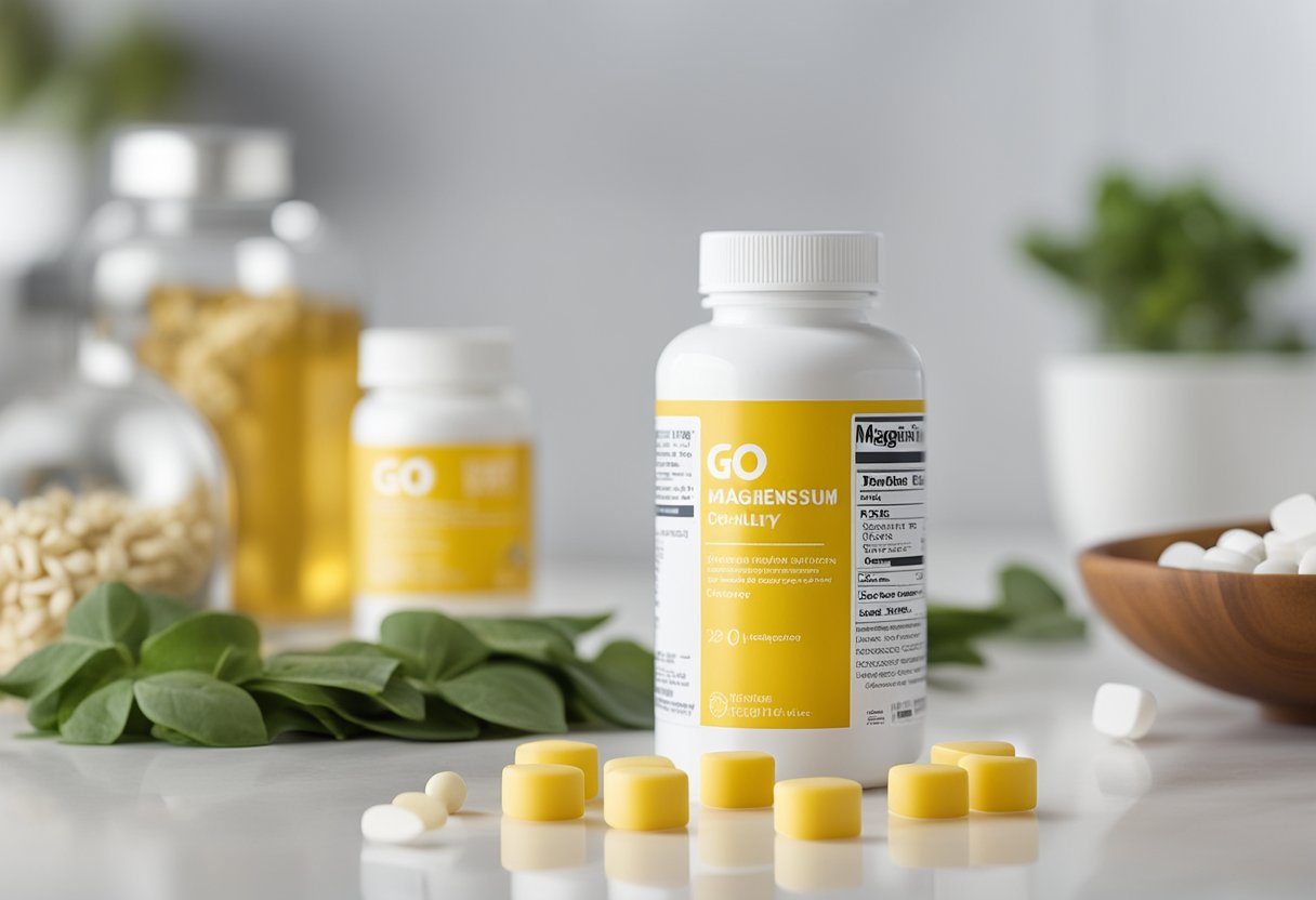 A bright yellow bottle of Go Healthy Magnesium 1 A Day sits on a clean, white countertop with a few scattered magnesium tablets nearby