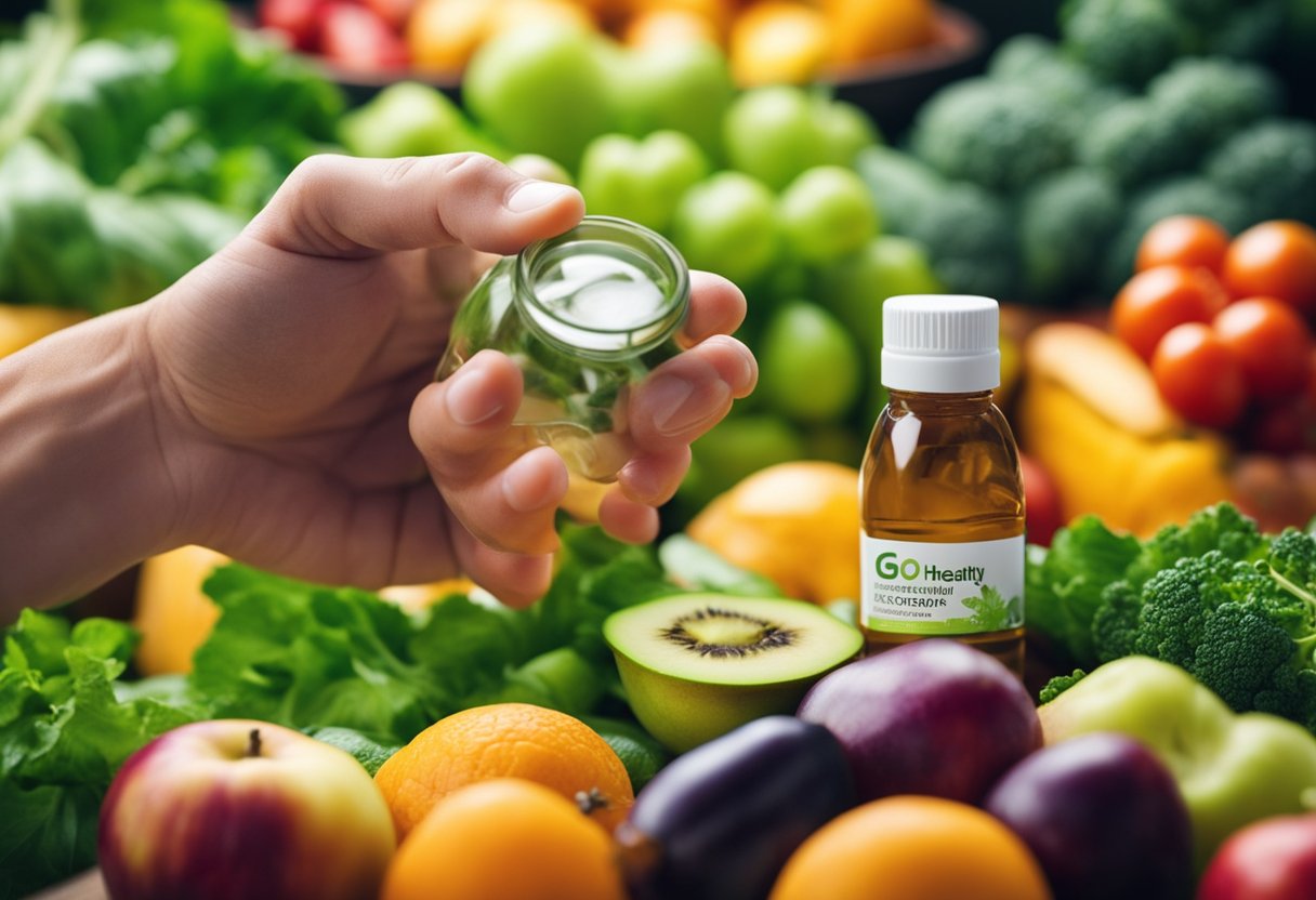 A hand reaching for a bottle of Go Healthy Magnesium 1 a Day, with a bright and colorful background of fruits and vegetables