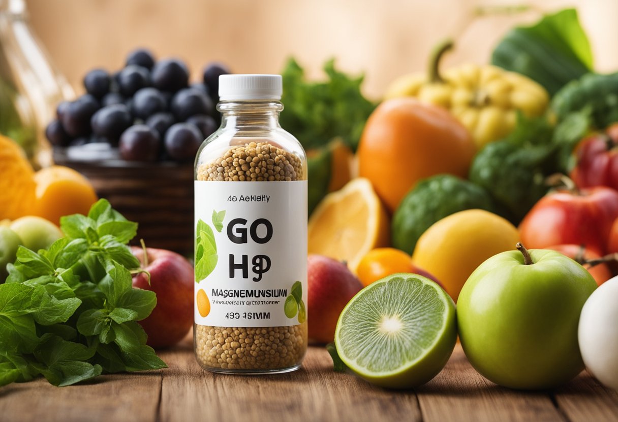 A bottle of Go Healthy Magnesium 1-a-day surrounded by various fruits and vegetables