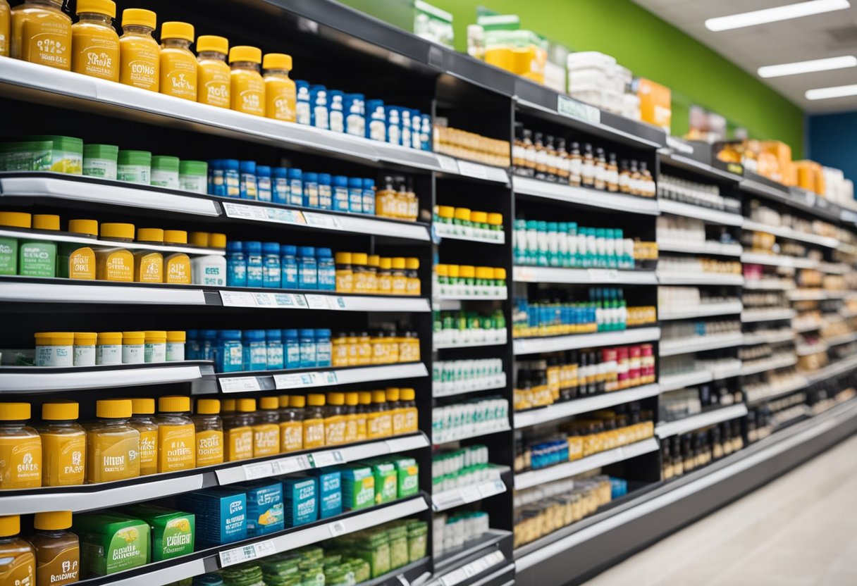 A shelf in a bright, organized store displays rows of Go Healthy Magnesium 1 a Day supplements, surrounded by other health products