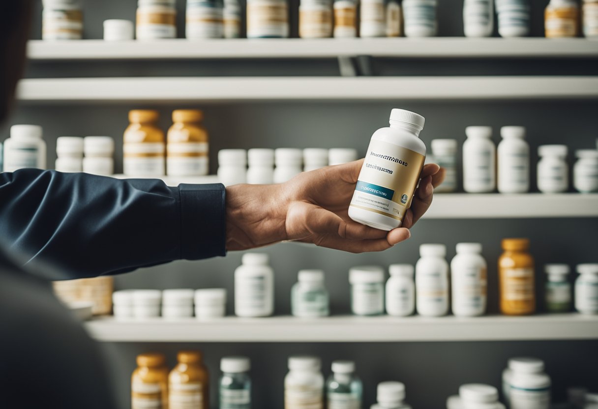 A hand reaching for a bottle of magnesium supplements on a clean, organized shelf