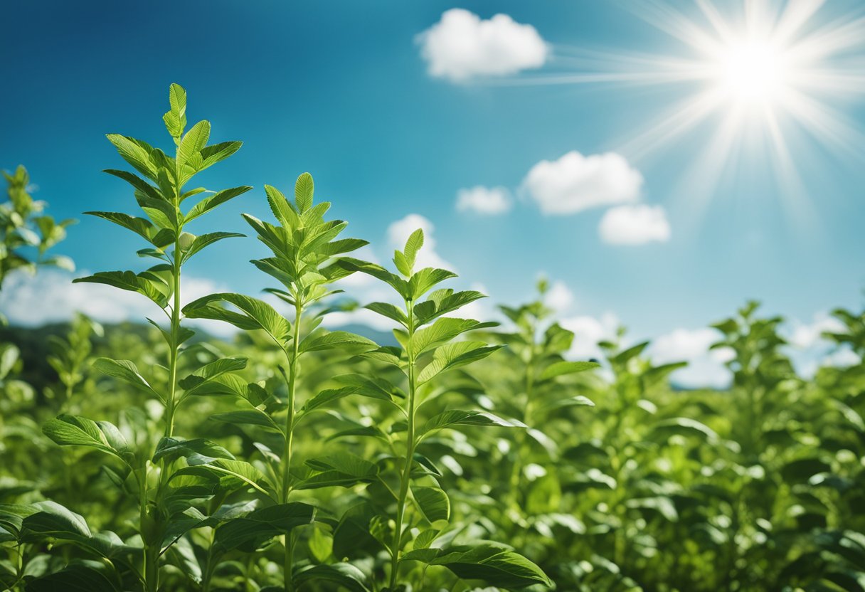 A lush green landscape with a clear blue sky, featuring a healthy magnesium plant growing tall and strong