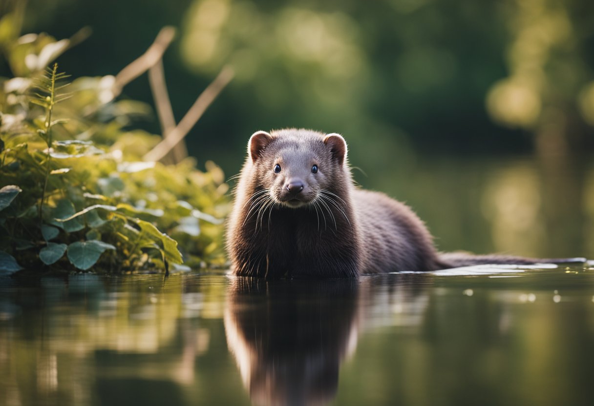 En mink i sitt naturlige habitat, omgitt av tett vegetasjon nær en vannkilde