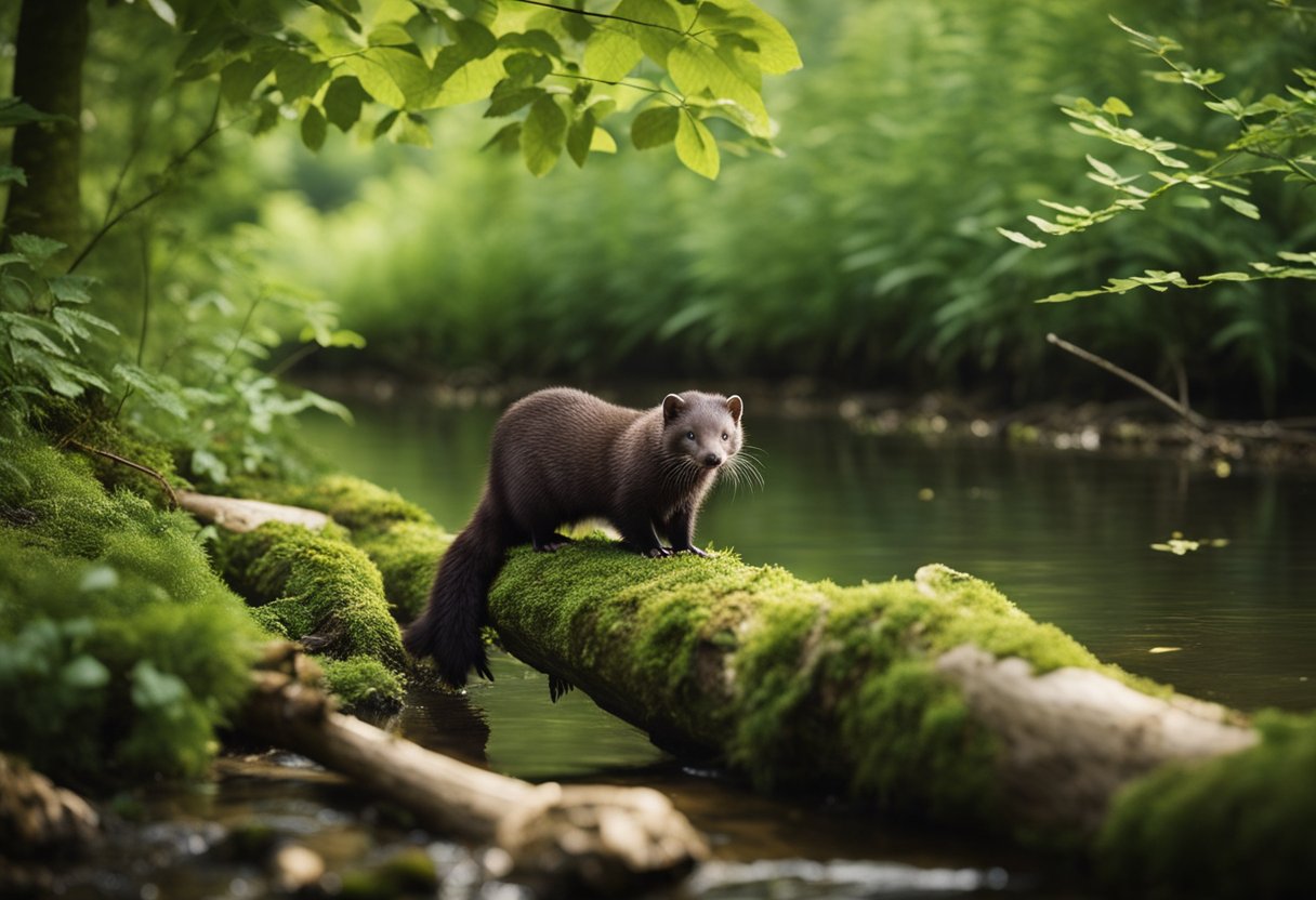 En minkens habitat: en frodig, elvebreddskog med fallede stokker og tett løvverk. Mink jakter langs vannkanten, fanger fisk og små pattedyr.