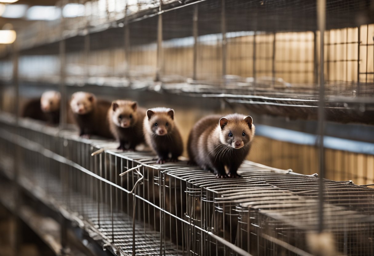 En rad med minkbur i et stort industrilade, med mink som kikker ut gjennom nettingen