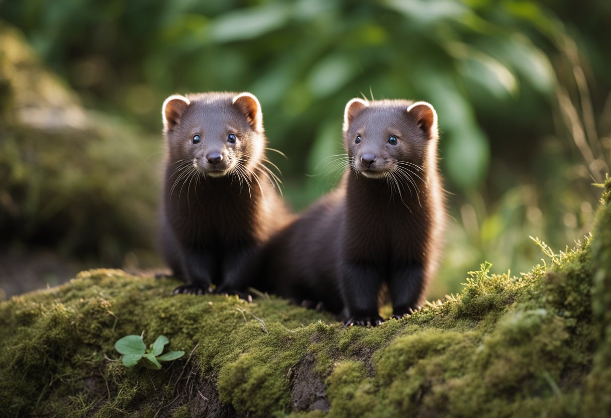 Mink interagerer i et naturlig habitat, med fokus på deres reproduksjonsatferd og sosiale dynamikk