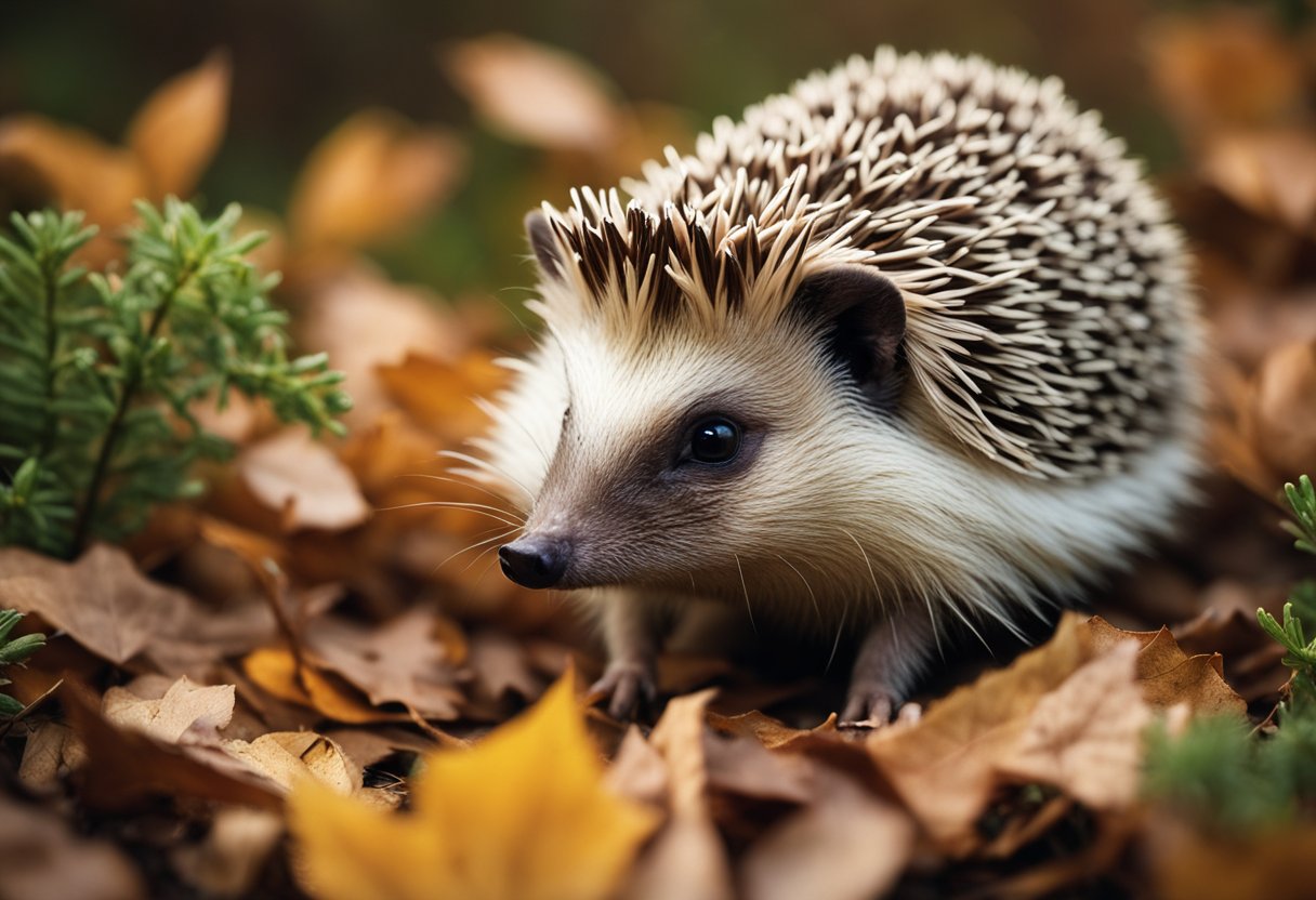 Et pinnsvin som utforsker sitt naturlige habitat i en frodig skog, omringet av fallne blader og små busker