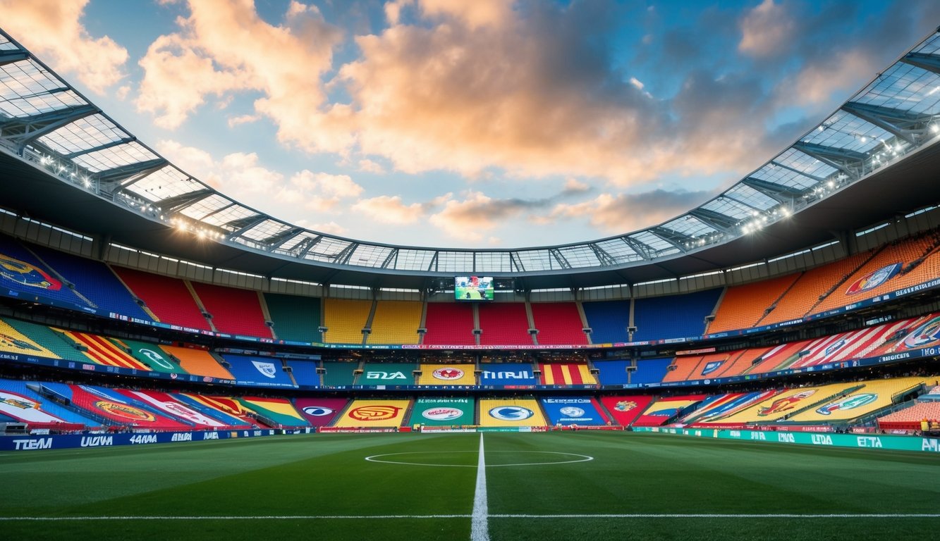 Sebuah stadion olahraga yang hidup dan dinamis dengan berbagai logo tim internasional dan bendera yang menghiasi tribun