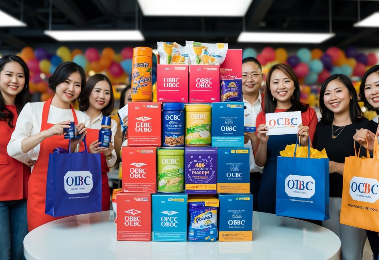 A vibrant display of various products with OCBC logos, surrounded by happy customers redeeming exclusive promotions