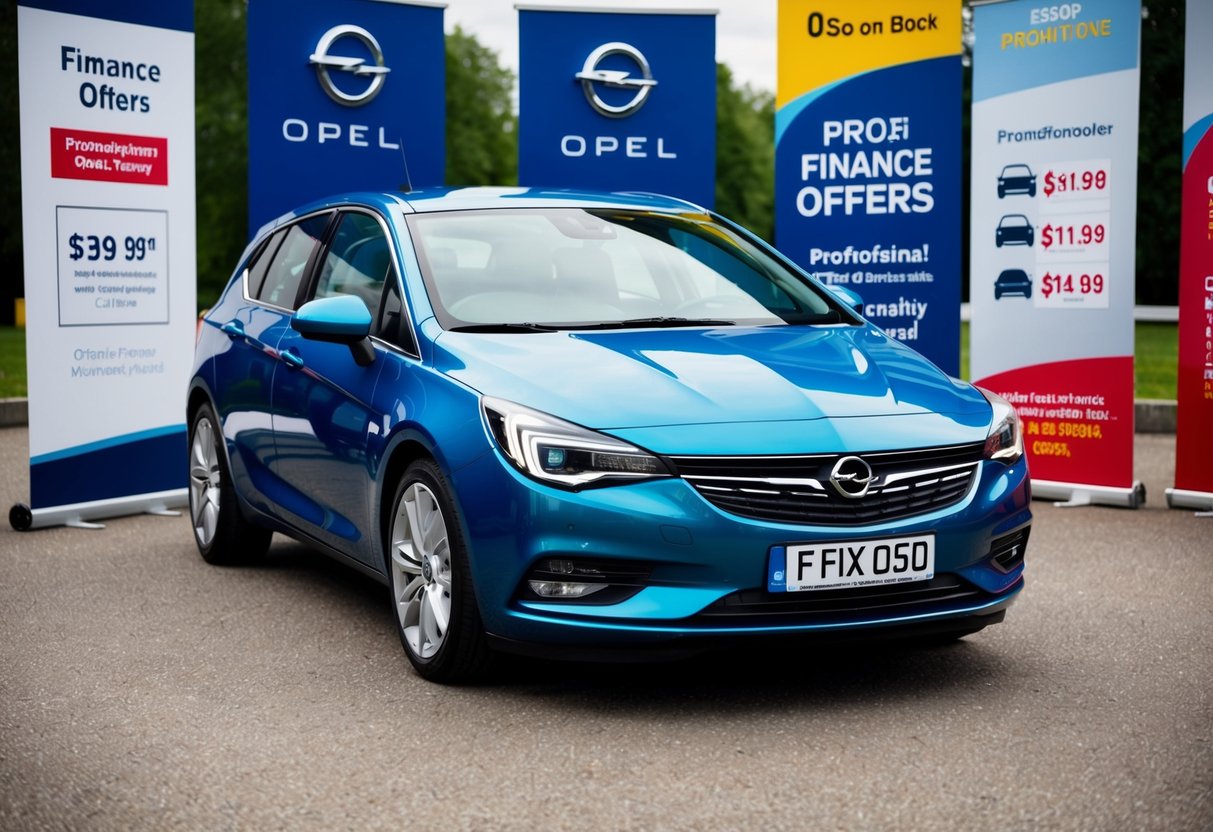 A sleek Opel car surrounded by promotional banners and finance offers