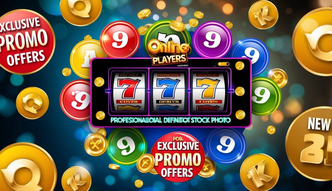 Sebuah mesin slot online berwarna-warni dikelilingi oleh penawaran promo eksklusif dan simbol bonus untuk pemain baru