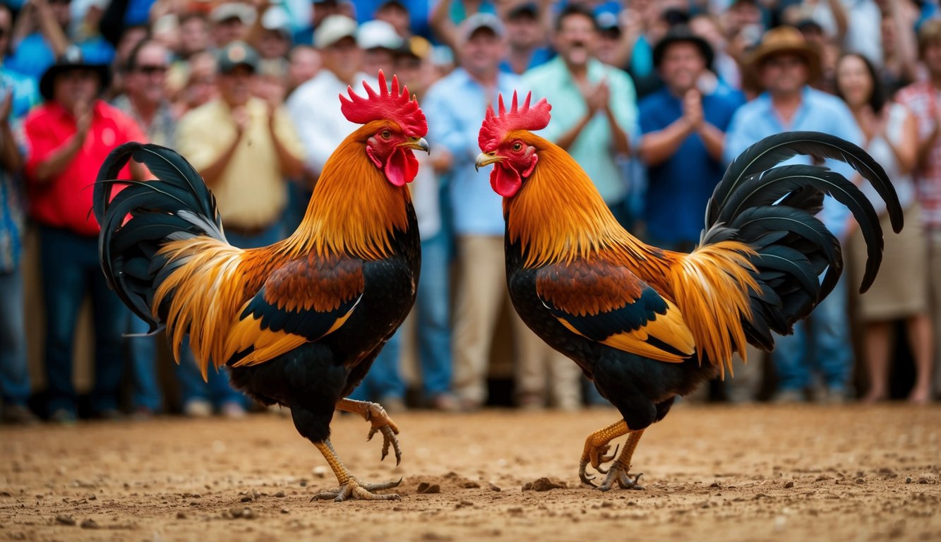 Dua ayam jantan terlibat dalam pertarungan ayam yang sengit, dikelilingi oleh kerumunan penonton yang bersorak.