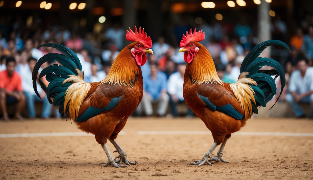 Dua ayam jantan berhadapan di arena sabung ayam tradisional, dikelilingi oleh kerumunan penonton