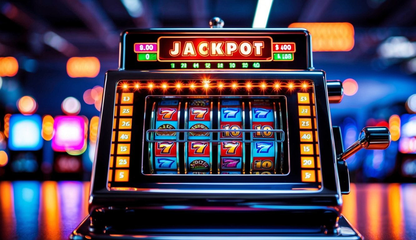 Mesin slot online yang cerah dengan lampu berkedip dan jackpot yang terus bertambah