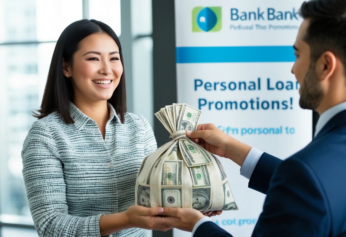 A person happily receiving a large bag of money from a bank representative, with a banner in the background promoting personal loan promotions