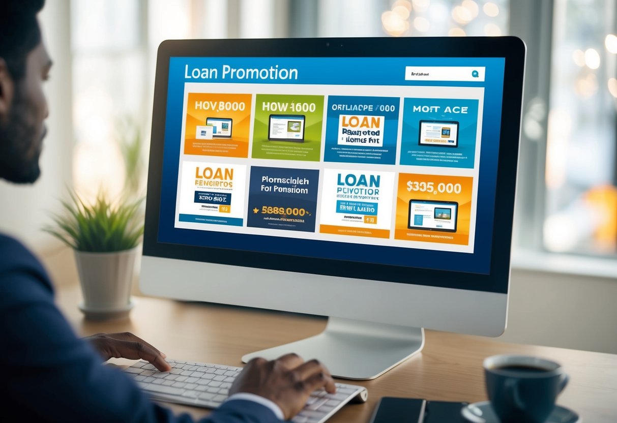 A person browsing through various loan promotion flyers and advertisements displayed on a computer screen