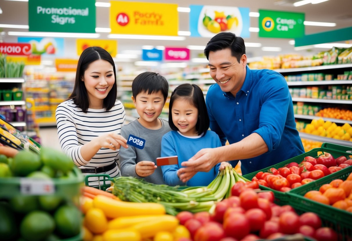 A happy family using a POSB debit card to make purchases at a grocery store, with colorful promotional signs and banners displayed throughout the store