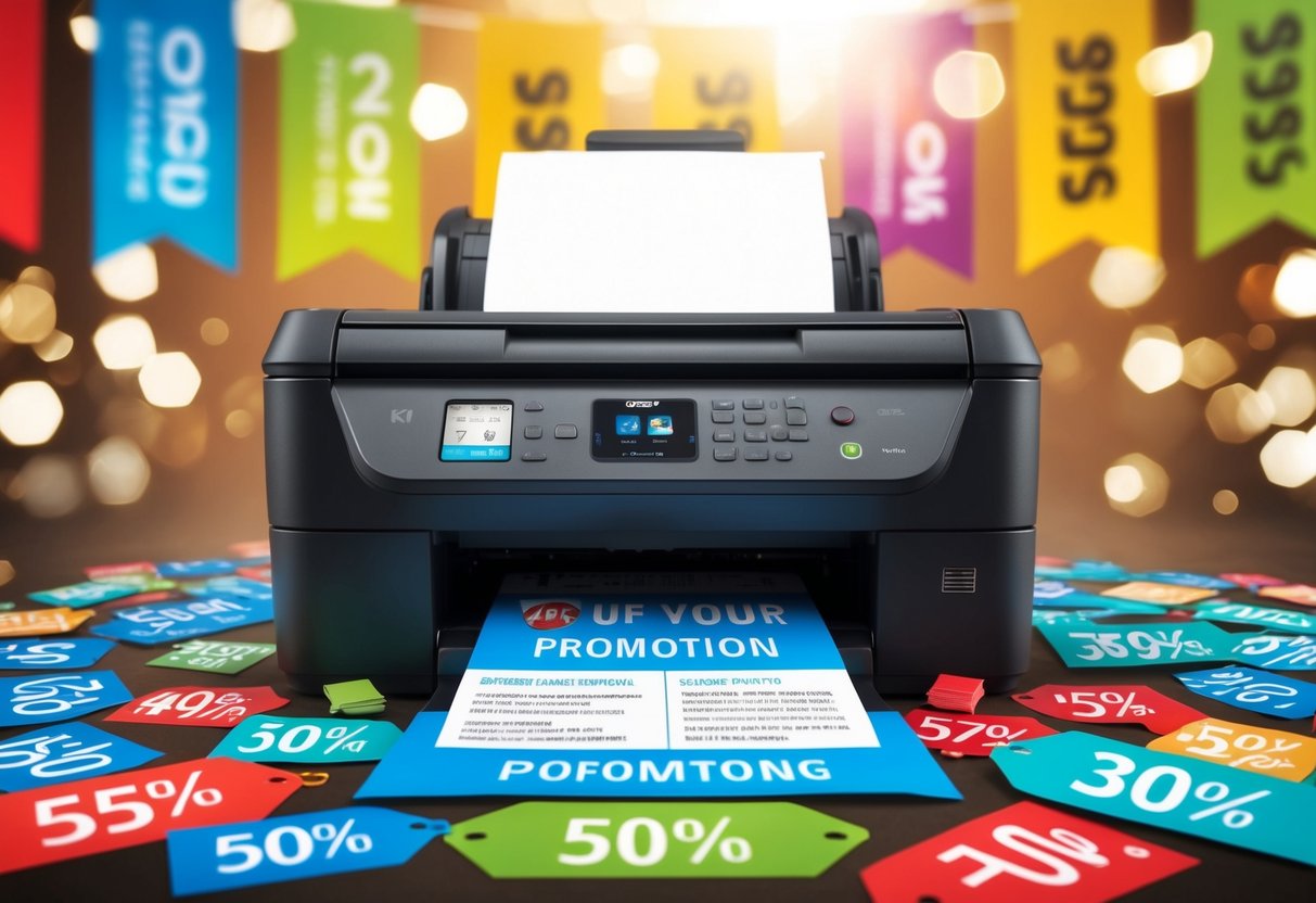 A printer surrounded by colorful promotional banners and discount tags
