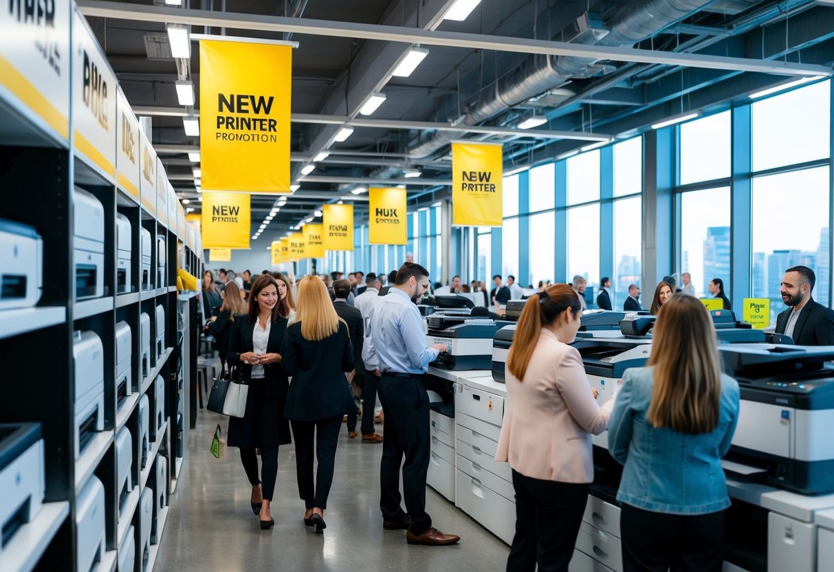 A busy office with shelves of printers on sale, bright banners, and a crowd of people browsing the latest printer promotions