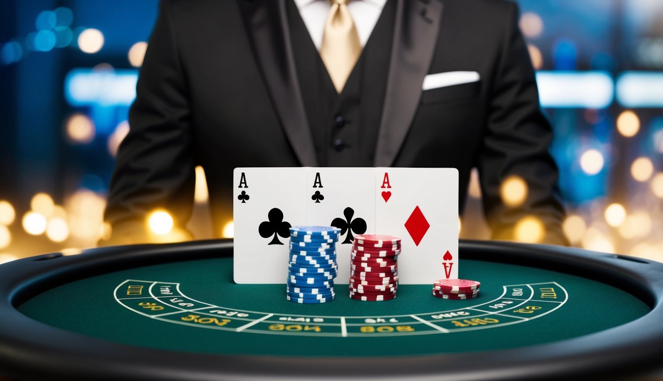 Sebuah meja blackjack online yang ramping dan modern dengan kartu dan chip virtual, diletakkan di latar belakang yang stylish dengan suasana profesional dan dapat dipercaya.