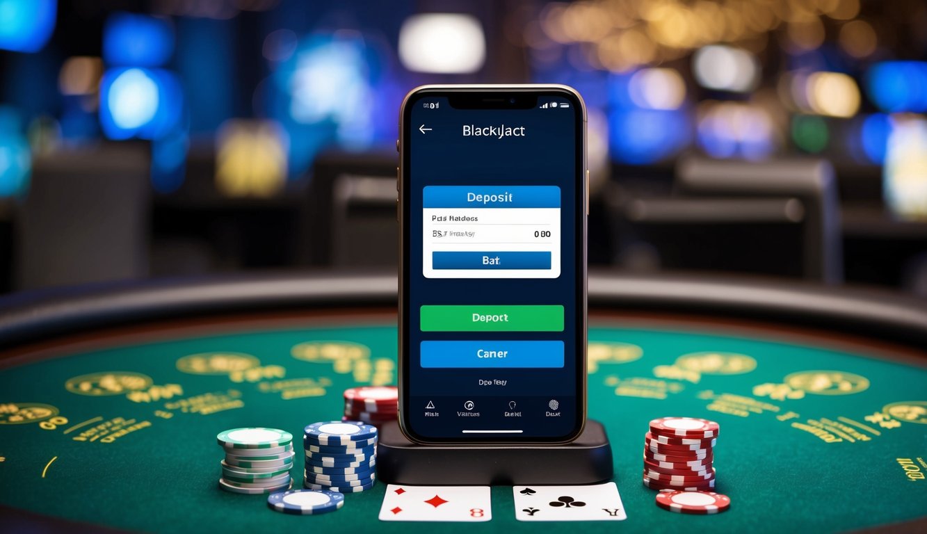 Sebuah meja blackjack virtual dengan smartphone yang menampilkan layar setoran, dikelilingi oleh chip dan kartu digital